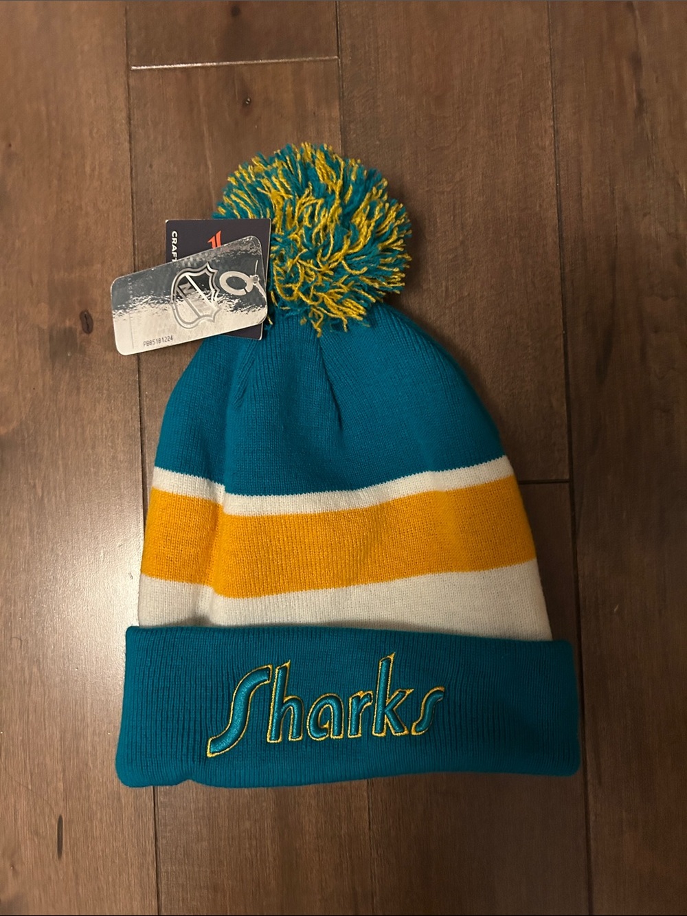 San Jose Sharks Teal & Yellow Pom Beanie Hat